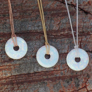 White Opal Donut Necklace: White Opal Charm Necklace, Silver, Gold Filled Rose Gold Chain, Opal Charm Pendant Choker