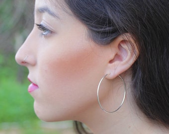 Silver Hoop Earrings, Medium Large Women Hoops Jewelry, Thin Silver Hoop Earrings, Dainty Skinny Hoops, Simple Minimalist Everyday Earrings