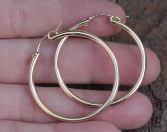Gold Hoop Earrings, 14K Gold Filled Simple Clip On Hoops, 35mm 1.4" Medium Thick Snap Hoops, Minimal Hoops Jewelry, Women Gold Hoops Gift