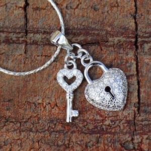 Heart Lock Necklace, Silver Zircon Heart and Key Necklace, Sparkling Heart Pendant Jewelry, Unlock My Heart Necklace, Elegant Love Necklace