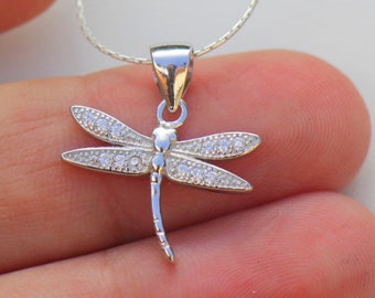 Dragonfly Necklace, Glitter Silver Dragonfly Jewelry, Classic Silver Zircon Dragonfly Pendant, Dainty Elegant Glittery Dragonfly Pendant