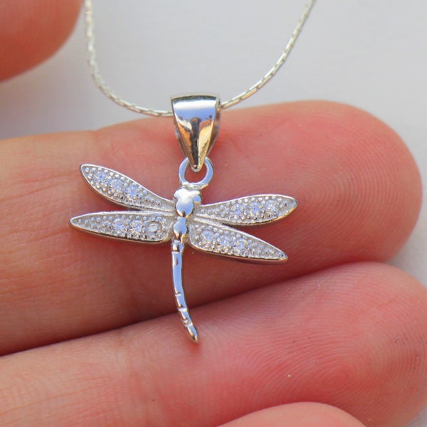 Dragonfly Necklace, Silver Dragonfly Jewelry, Classic Silver Zircon Stone Dragonfly Pendant Jewelry, Dainty Women Dragonfly Charm Pendant