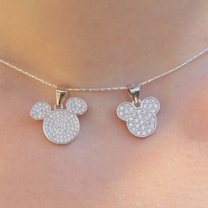 Mickey Mouse Necklace, Sparkly Silver Zircon Stone Women Jewelry, Small or Large Big Mickey Mouse Pendant, Elegant Dazzling Mickey Jewelry