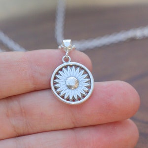 Silver Sunflower Necklace, Sunflower Jewelry, Silver Sunflower Pendant, Silver Flower Necklace, Floral Jewelry, Women Thick Coin Mom Gift image 2