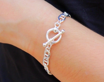 Thick Silver Chain Link Bracelet, Heavy Mariner Anchor Link Bracelet, Women Men Toggle Bracelet, Wide Chain Bracelet, Statement Jewelry Gift