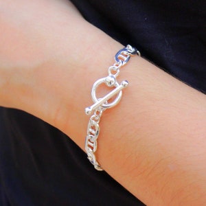 Thick Silver Chain Link Bracelet, Heavy Mariner Anchor Link Bracelet, Women Men Toggle Bracelet, Wide Chain Bracelet, Statement Jewelry Gift