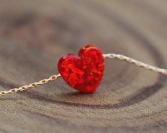 Opal Heart Necklace, Red Opal Necklace, Opal Jewelry, Red Heart Necklace, Small Opal Charm, Opal Pendant, Opal Choker, Heart Opal Necklace