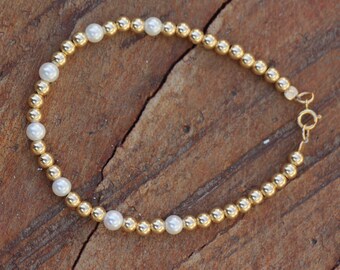 Gold Pearl Bracelet, White Pearls Bracelet, Dainty Thin 14K Gold Filled Beaded Bracelet, Elegant Women Pearls Jewelry, Women Pearls Bracelet