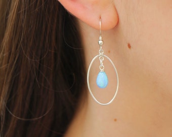 Blue Opal Teardrop Dangle Earrings, Silver or Gold Filled, Blue or White Opal Earrings, Opal Jewelry, Teardrop Women Earrings, Oval Earrings