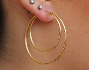 Thin Gold Filled Hoop Earrings: Minimalist Double Hoops (41mm). Endless Hidden Clasp Lightweight Earrings for Women.