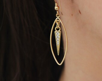 Gold Oval Earrings, Gold Filled Dangle Earrings, Gold Zircon Sparkly Marquise Earrings, Women Drop Earrings, Thin Gold Earrings Oval Jewelry