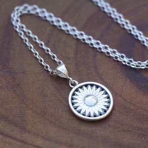 Silver Sunflower Necklace, Sunflower Jewelry, Silver Sunflower Pendant, Silver Flower Necklace, Floral Jewelry, Women Thick Coin Mom Gift image 3