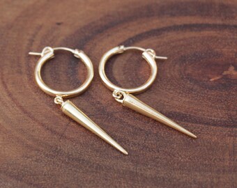 Gold Spike Earrings, Small Gold Filled Hoop Earrings, Long Cone Dangle Women Men Punk Jewelry, Small Hoops, Charm Gypsy Everyday Minimalist