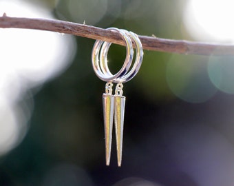 Silver Hoop Earrings, Long Spike Earrings, Cone Dangle Women Men Punk Jewelry, Small Hoops, Spiky Hoops, Punk Pointy Gothic Rocker Hoops