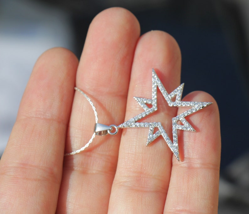 Large Sterling Silver Zircon Stone Women Jewelry Star Necklace Bright North Star Celestial Necklace Gift Elegant Sparkly Star Pendant