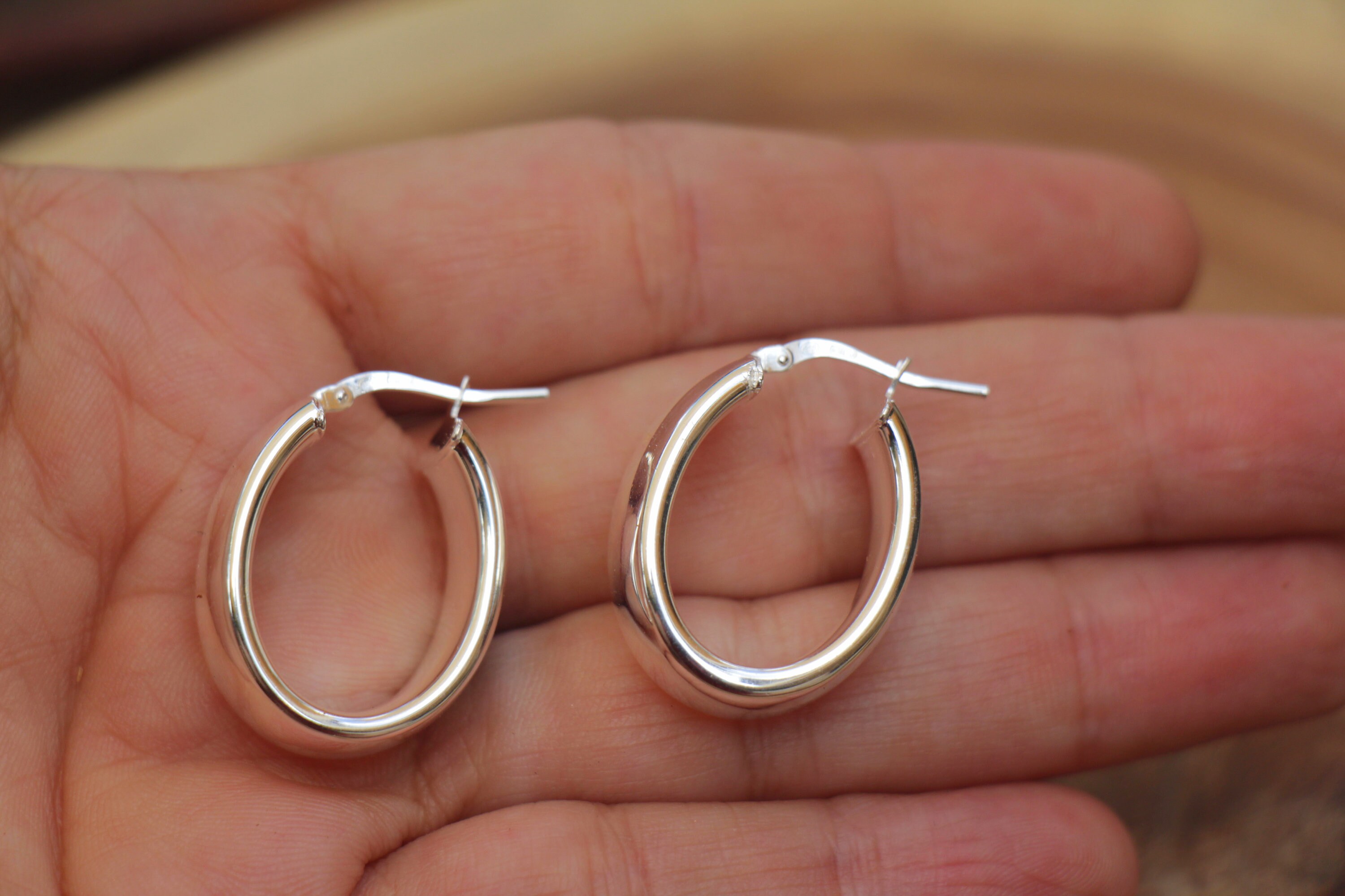 Wide Silver Oval Hoop Earrings, Women Statement Evening