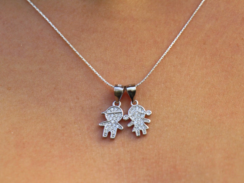 Mom Necklace Boy Girl Charm Necklace Silver Boy Girl Image Etsy
