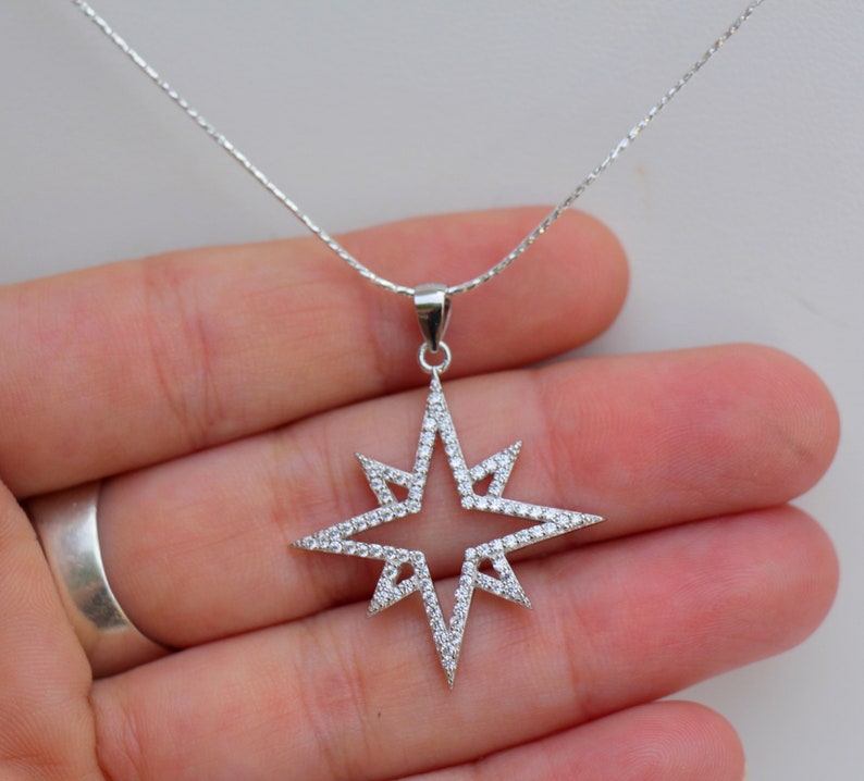 Large Sterling Silver Zircon Stone Women Jewelry Star Necklace Bright North Star Celestial Necklace Gift Elegant Sparkly Star Pendant