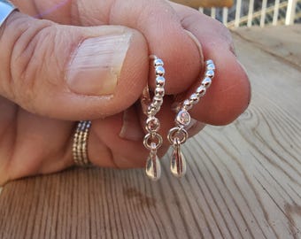 Mini Silver Hoop Earrings, Small Silver Hoops, Little Spike Earrings, Silver Zircon Huggie Earrings, 11mm Minimal Raindrop Teardrop Jewelry