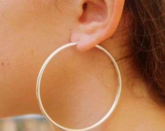 Large Silver Hoop Earrings, 60mm Large Silver Hoops, Simple Thick Women Big Hoops 2.36&quot; Earrings, Lightweight Silver Endless Hoop Jewelry