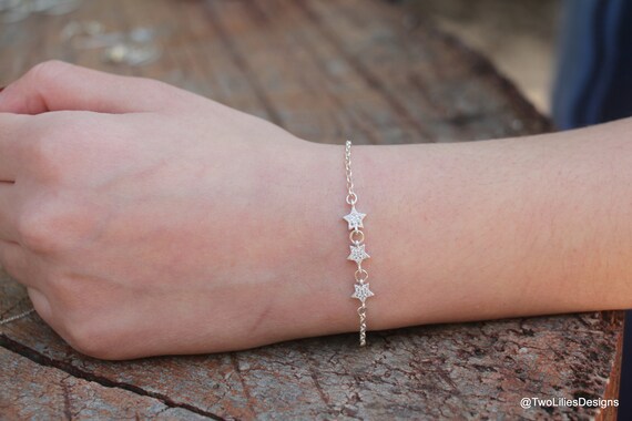 Silver Star Bracelet, Sparkly Thin Silver Zircon Women