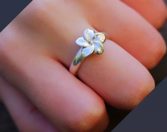 Silver Flower Ring, Hawaiian Plumeria Flower Ring, Thick Silver Semi Round Wire Women Ring, Romantic Exotic Floral Statement Wide Band Ring