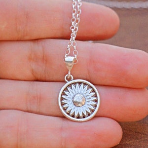 Silver Sunflower Necklace, Sunflower Jewelry, Silver Sunflower Pendant, Silver Flower Necklace, Floral Jewelry, Women Thick Coin Mom Gift image 1