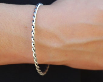 Silver Twisted Wire Bangle Bracelet, Women Thick Silver Bangle Bracelet, 2mmX2mm Heavy Wire Wrap Cuff Bracelet, Everyday Statement Bracelet