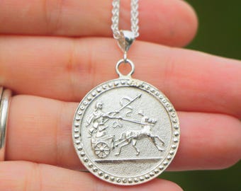 Roman Chariot Necklace, Silver Warrior Pendant Necklace, Roman Scene Coin Jewelry, Charioteer Necklace, Roman Warrior Horse-Drawn Chariot