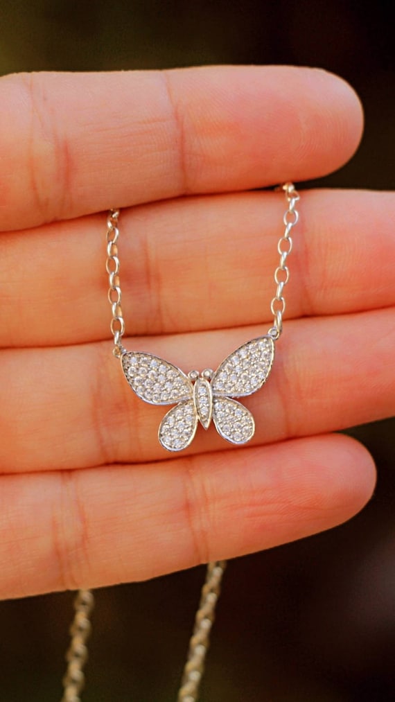 Silver Beaded Butterfly Necklace 18 Inches / Silver