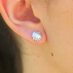May include: A pair of silver shell stud earrings. The earrings are small and delicate, and they are perfect for everyday wear.
