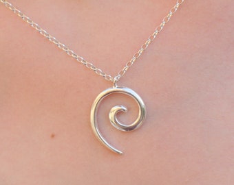 Silver Spiral Necklace, Dainty Large Spiral Pendant, Spiral Wave Necklace, Women Silver Greek Spiral Jewelry, Curling Wave Women Necklace