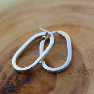 Silver Hoop Earrings, Square Hoop Earrings, Large Oval Hoop Earrings, Square Profile Oval Hoops, Square Hoops, Large Hoops 38mm 1.5&quot; Jewelry