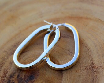 Oval Hoop Earrings, Silver Hoop Earrings, Square Hoop Earrings, Large Oval Earrings, Square Profile Oval Hoops, Large Square Hoops 38mm 1.5"