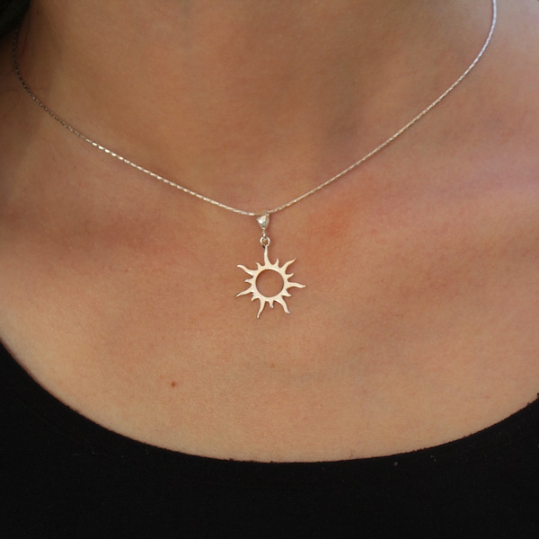 Sun Necklace, Silver Gold Sun Pendant Jewelry, Women Sunburst Pendant, Sunbeam Jewelry, Dainty Celestial Sunshine Solar Eclipse Charm