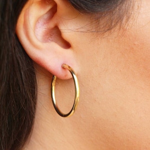 Gold Hoop Earrings, 14K Gold Filled Circle Hoops, 28mm Medium Gold Gypsy Earring, Simple Hoop, Minimal Hoops Jewelry, Medium Gold Hoops Gift image 2