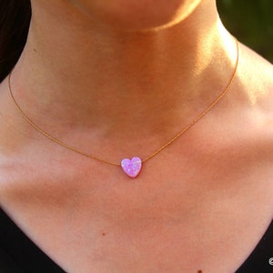 Opal Necklace, Pink Heart Necklace, 10mm Opal Stone Jewelry, Silver Gold Rose Filled Choker, Women Opal Charm Pendant, Minimalist Necklace