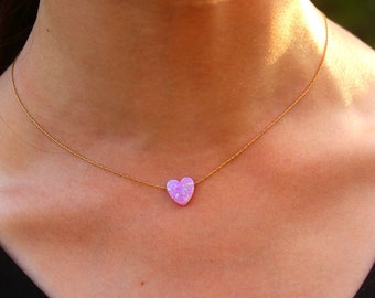 Opal Halskette, rosa Herz Halskette, 10 mm Opal Stein Schmuck, Silber Gold Rose gefüllt Choker, Frauen Opal Anhänger, Minimalist Halskette