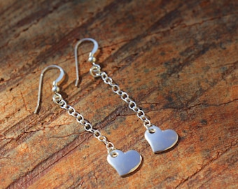 Silver Heart Earrings, Dangle Heart Earrings, Everyday Women Earrings, long Earrings, Minimalist Heart Jewelry, Modern Trendy Love Earrings
