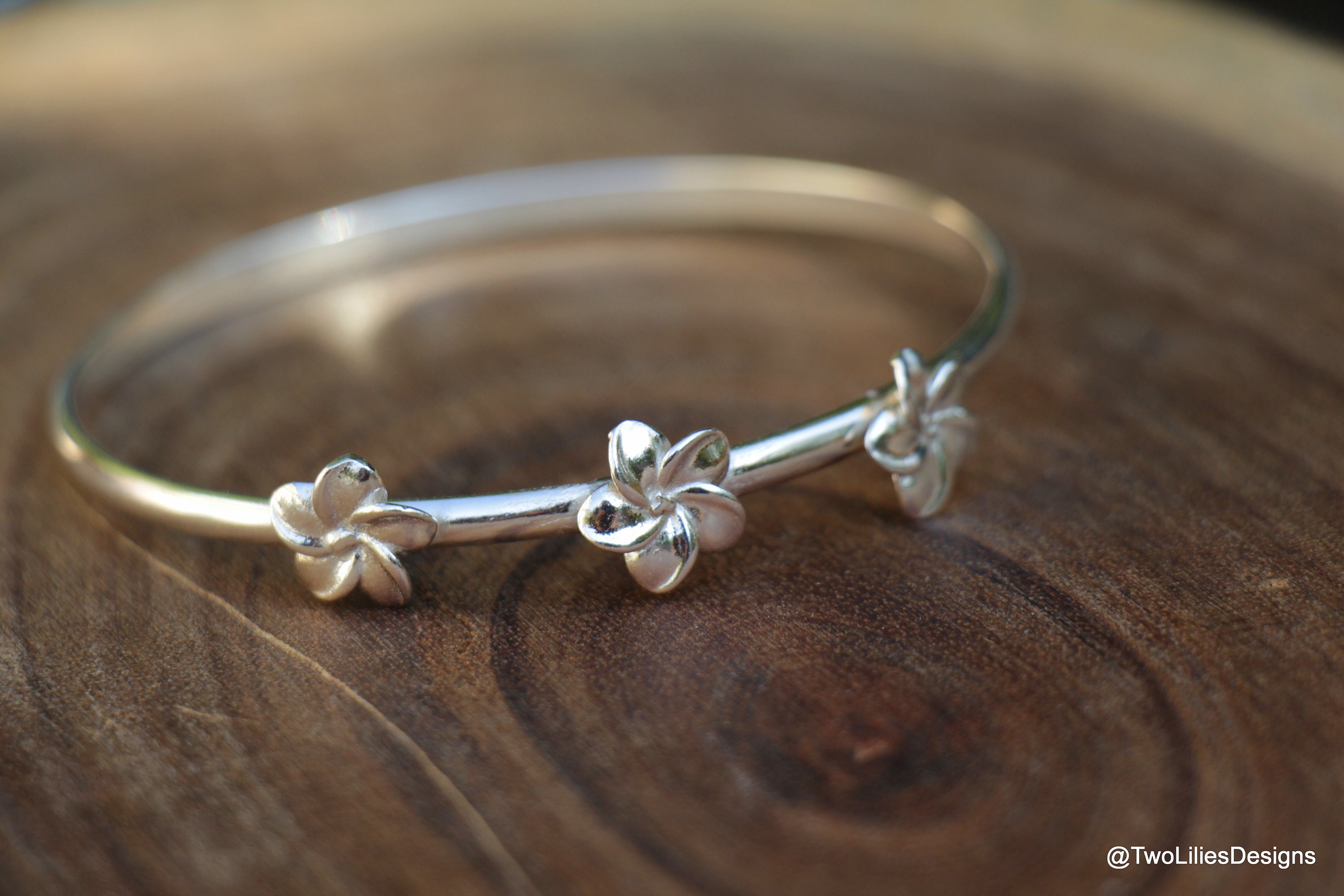 Statement Silver Women Bangle, Hawaiian Plumeria Flowers