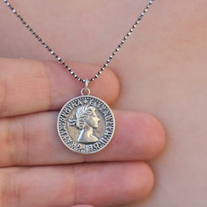 Medallion Necklace, Woman&#39;s Head Coin Necklace, Black Shiny Silver Woman&#39;s Head Coin Jewelry, Sparkly Chain, Women&#39;s Silver Coin Necklace