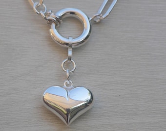 Silver Heart Necklace, Big Puff Heart Pendant Necklace, Large Front Clasp Necklace, Love Statement Necklace, Bold Chain Link, Heart Jewelry