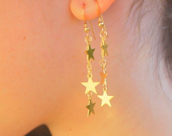 Gold Stars Earrings, Shiny Gold Stars Jewelry, Dainty Star Earrings, Delicate Women Earrings, Dangle Stars Jewelry, Golden Stars Earrings