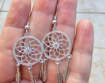 Large Dreamcatcher Earrings, Silver Dream Catcher Earrings, Women Dangle Earrings, Dream Weaver Ethnic Tribal Feathers Earrings