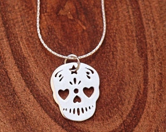 Sugar Skull Necklace, Silver Skull Pendant, Day of The Dead Charm, Halloween Jewelry, Dainty Skull Pendant Men Women Mexican Choker, Gothic