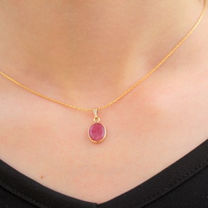 Ruby Pendant Necklace, Ruby Gemstone Jewelry, 14K Gold Filled Chain Holding Vermeil Ruby Stone Solitaire Bezel Necklace, Women Red Ruby Gift