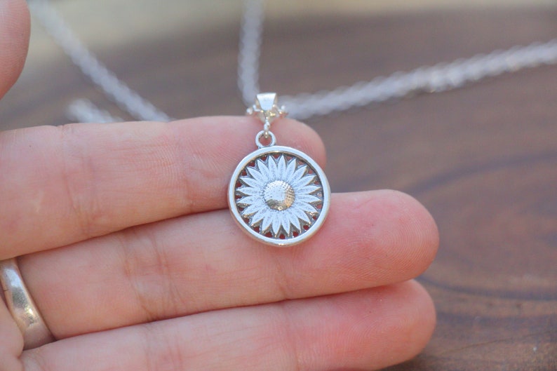 Silver Sunflower Necklace, Sunflower Jewelry, Silver Sunflower Pendant, Silver Flower Necklace, Floral Jewelry, Women Thick Coin Mom Gift image 2