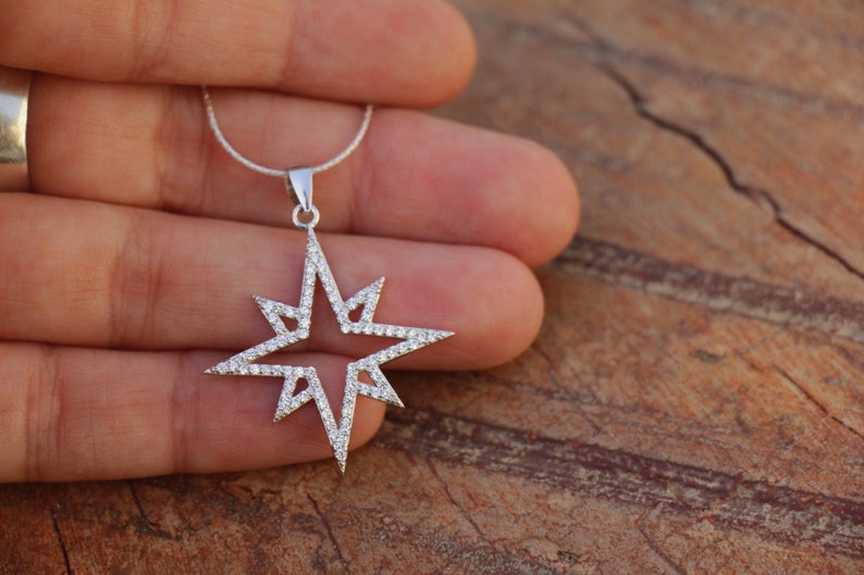 Large Sterling Silver Zircon Stone Women Jewelry Star Necklace Bright North Star Celestial Necklace Gift Elegant Sparkly Star Pendant