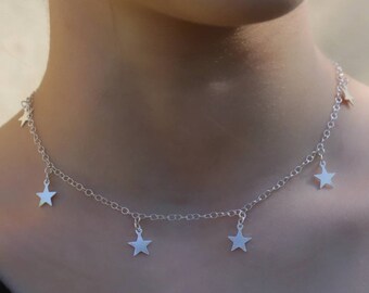 Silver Stars Necklace, Dainty Shiny Celestial Women Jewelry, All Around Thin Star Charms Jewelry, Adjustable Choker, Long Lariat Necklace