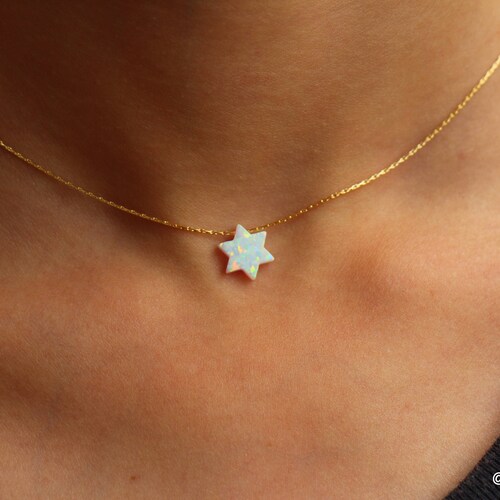 Star Opal necklace, White Opal jewelry, Women choker necklace, October birthstone, Minimalist white Star of David opal dainty pendant